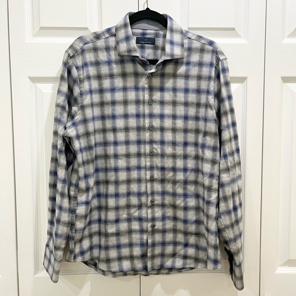 Toscano Blue and Gray Plaid Button Down Large
